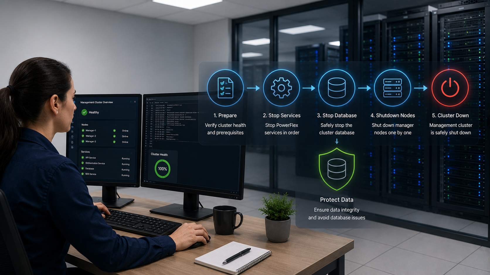 Shutting Down the PowerFlex Manager Cluster PowerFlex Manager shutdown