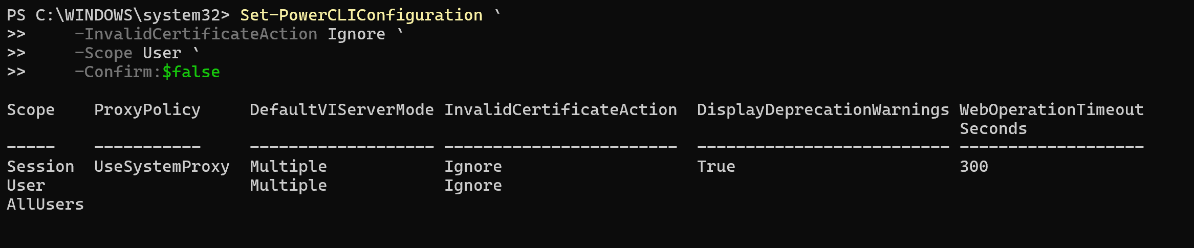 Setting PowerCLI up to ignore invalid certificates
